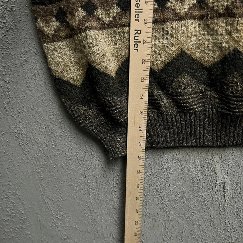 Vintage Mayser Sweater XL Brown 1990s Geometric V-Neck Knit Pullover - Picture 6 of 7